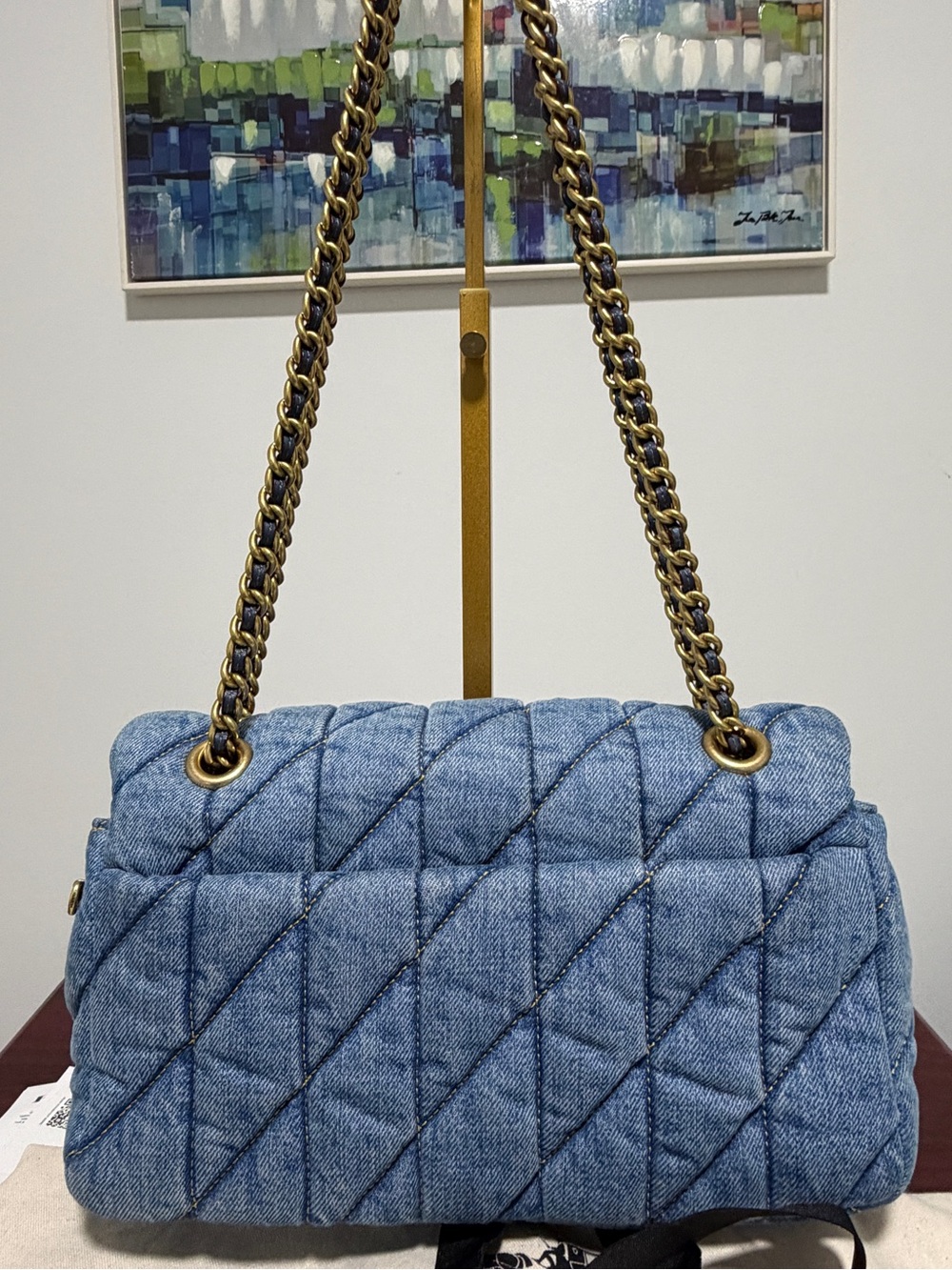 Coach Quilted Denim Shoulder Bag with Gold Chain and Dark Hardware - Blue - Picture 2 of 9